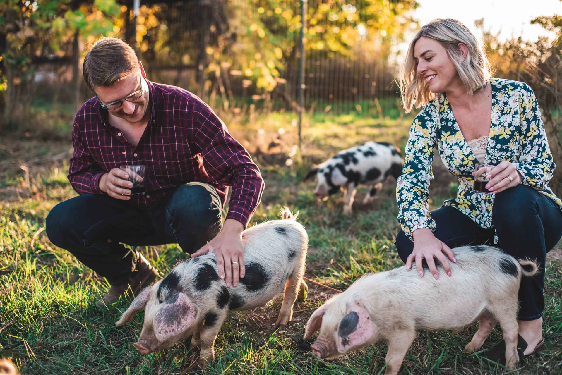 A couple crouching in the grass to pet spotted piglets.